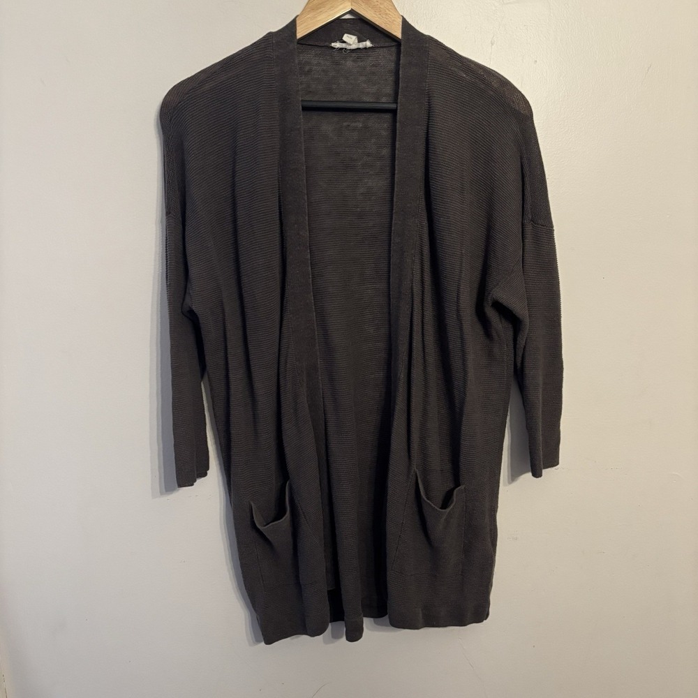 EILEEN FISHER Women's Gray Organic Linen Duster Cardigan Open‎ Front Pockets M